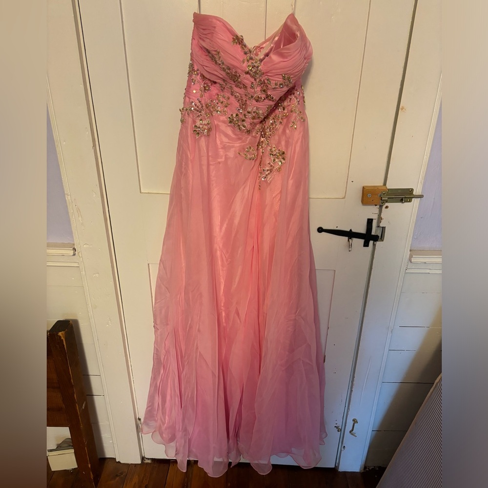 Prom dress (pink, chiffon, flowy, beaded bodice, size small, strapless, good)